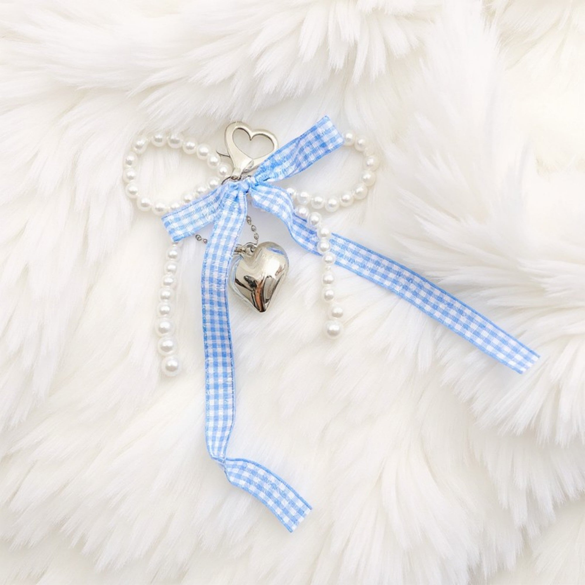 Anna-Kaci Ribbon Pearl Bow Keychain with Silver Heart Charm and Gingham Accent