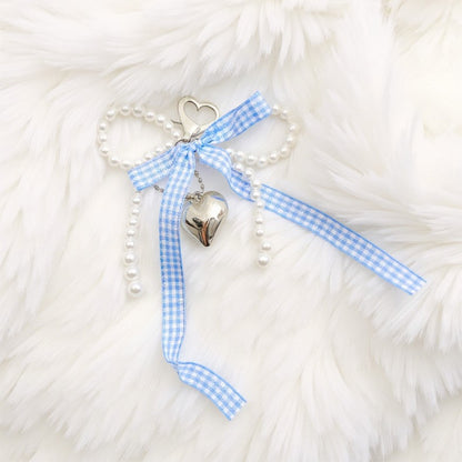 Anna-Kaci Ribbon Pearl Bow Keychain with Silver Heart Charm and Gingham Accent