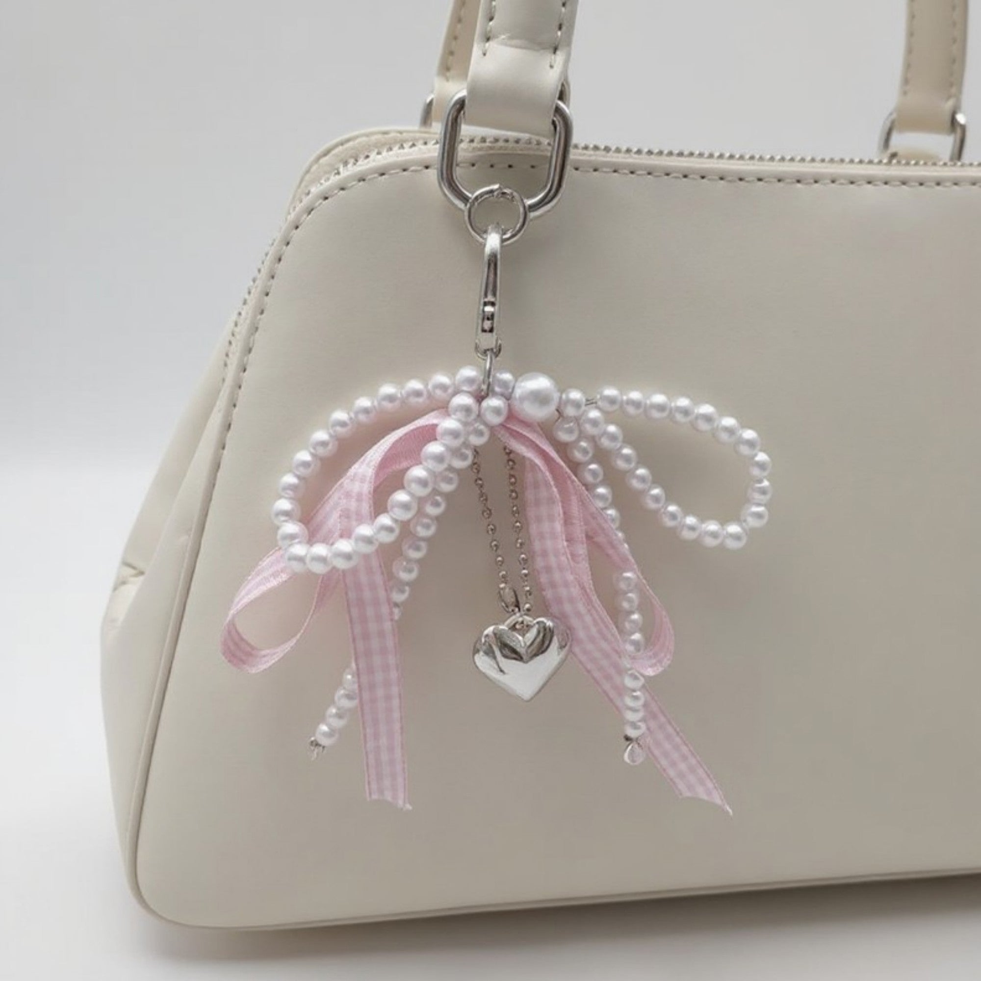 Anna-Kaci Ribbon Pearl Bow Keychain with Silver Heart Charm and Gingham Accent
