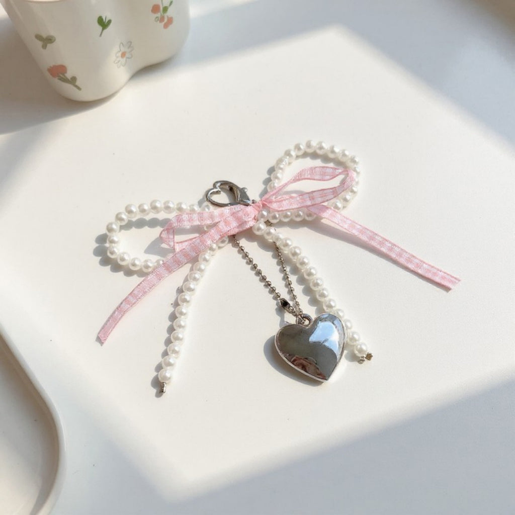 Anna-Kaci Ribbon Pearl Bow Keychain with Silver Heart Charm and Gingham Accent