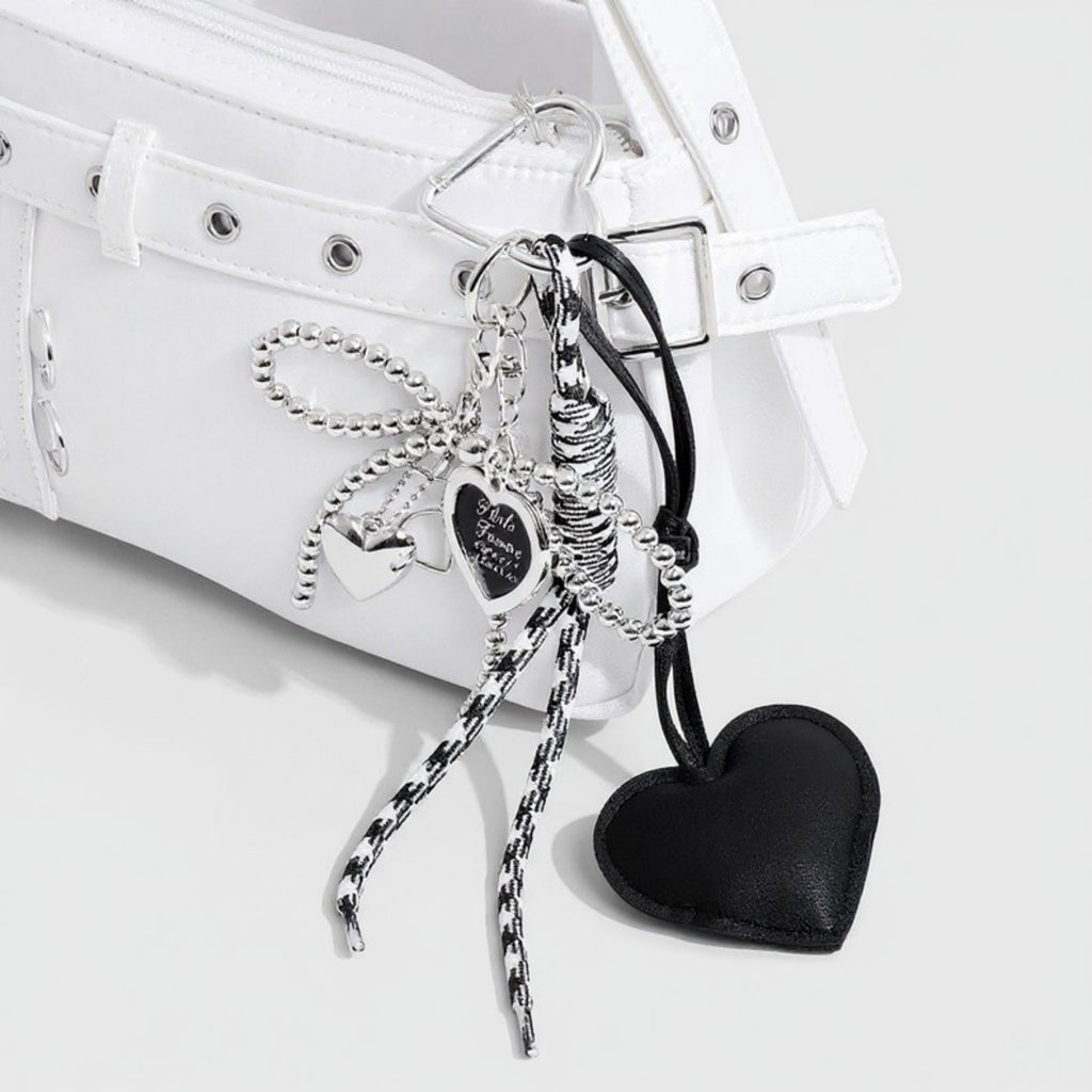 Anna-Kaci Heart Charm Keychain with Silver Chain Details and Bow Accent