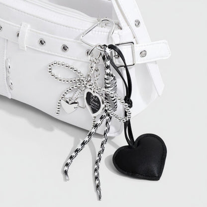 Anna-Kaci Heart Charm Keychain with Silver Chain Details and Bow Accent