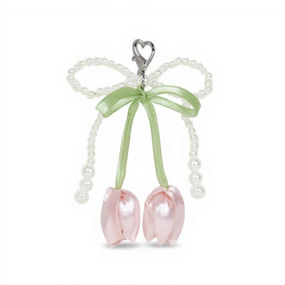 Anna-Kaci Pearl Bow Keychain with Satin Tulip Charms and Ribbon Accent