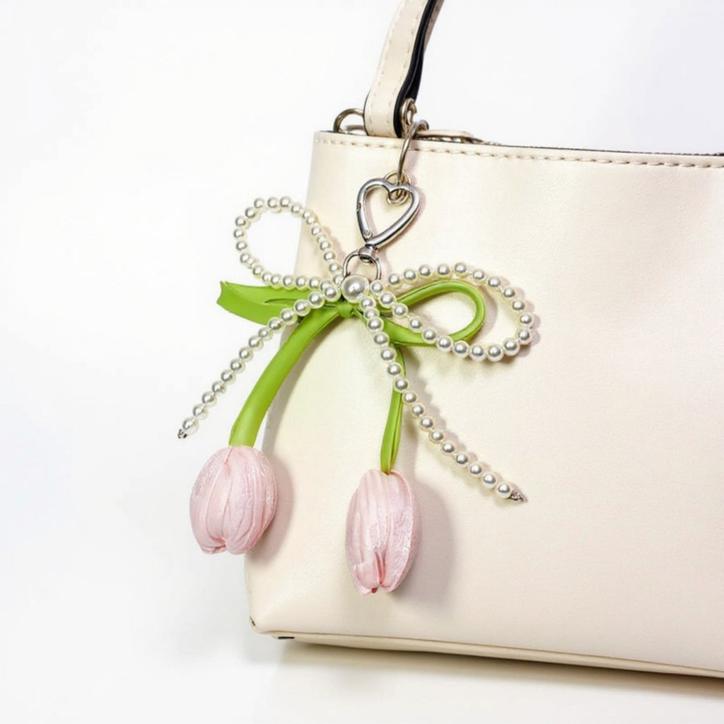 Anna-Kaci Pearl Bow Keychain with Satin Tulip Charms and Ribbon Accent
