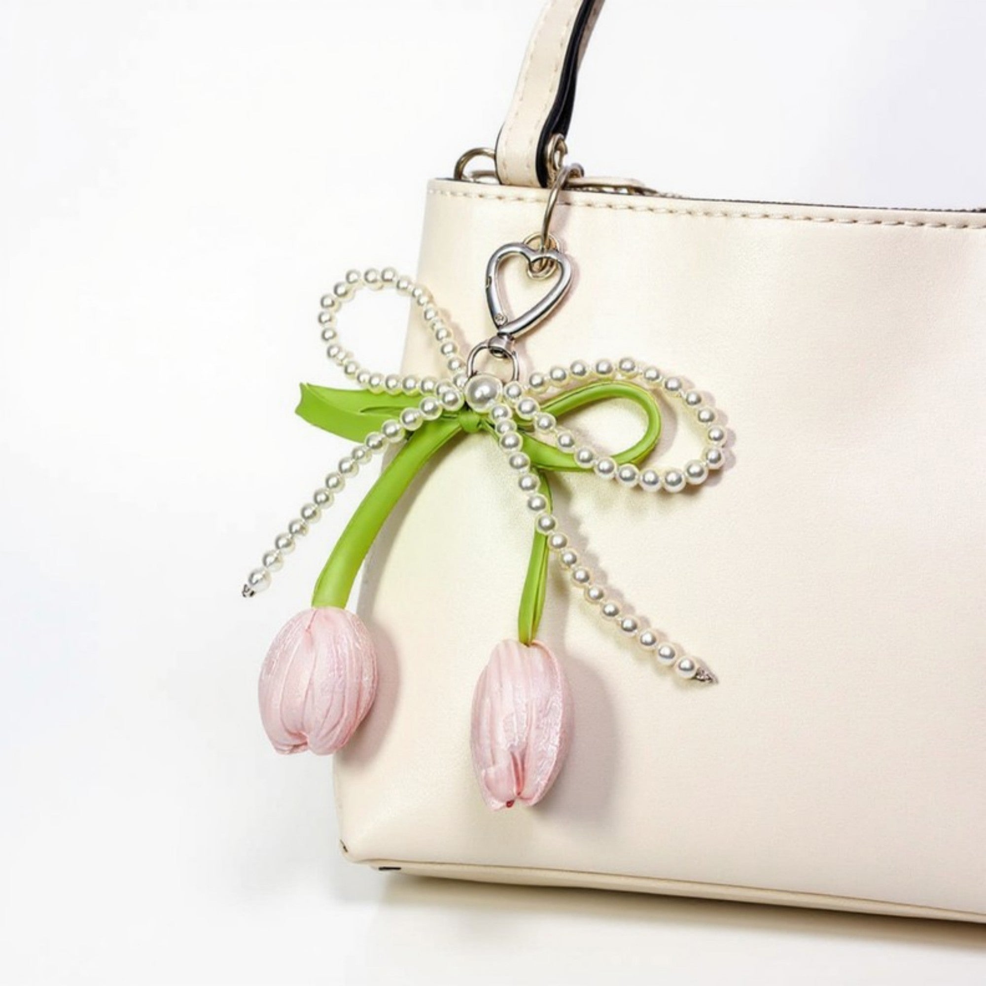 Anna-Kaci Pearl Bow Keychain with Satin Tulip Charms and Ribbon Accent