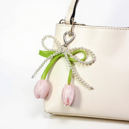 Anna-Kaci Pearl Bow Keychain with Satin Tulip Charms and Ribbon Accent