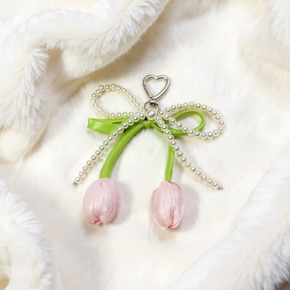 Anna-Kaci Pearl Bow Keychain with Satin Tulip Charms and Ribbon Accent