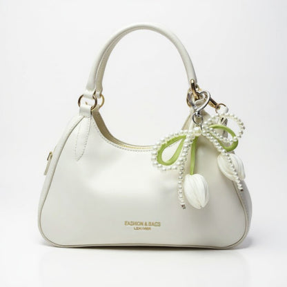 Anna-Kaci Pearl Bow Keychain with Satin Tulip Charms and Ribbon Accent