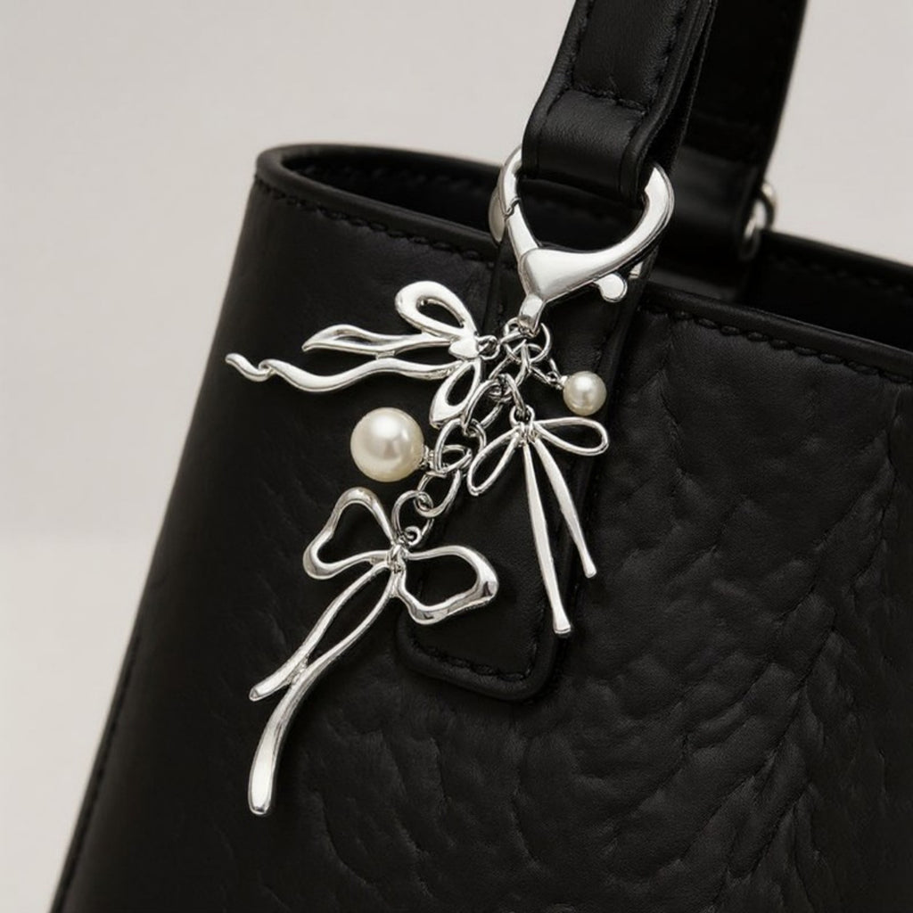 Anna-Kaci Silver Bow Keychain with Pearl Charms and Heart Clasp Accent