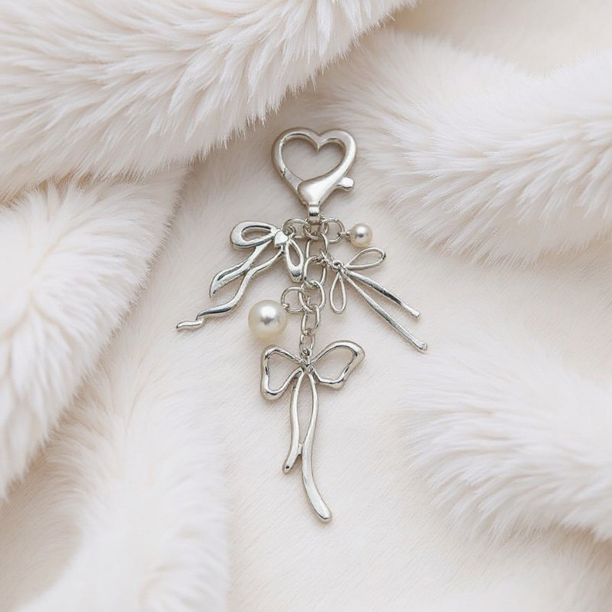 Anna-Kaci Silver Bow Keychain with Pearl Charms and Heart Clasp Accent