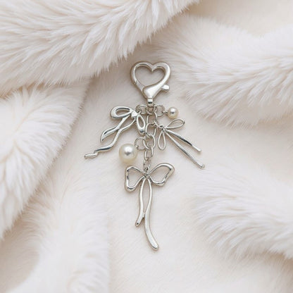 Anna-Kaci Silver Bow Keychain with Pearl Charms and Heart Clasp Accent