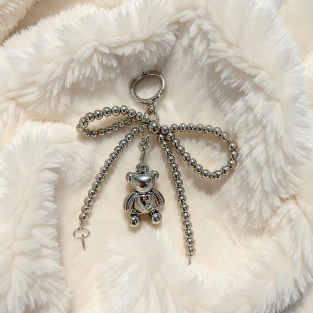 Anna-Kaci Metallic Beaded Bow Keychain with Crystal Bear Charm and Ring Accent