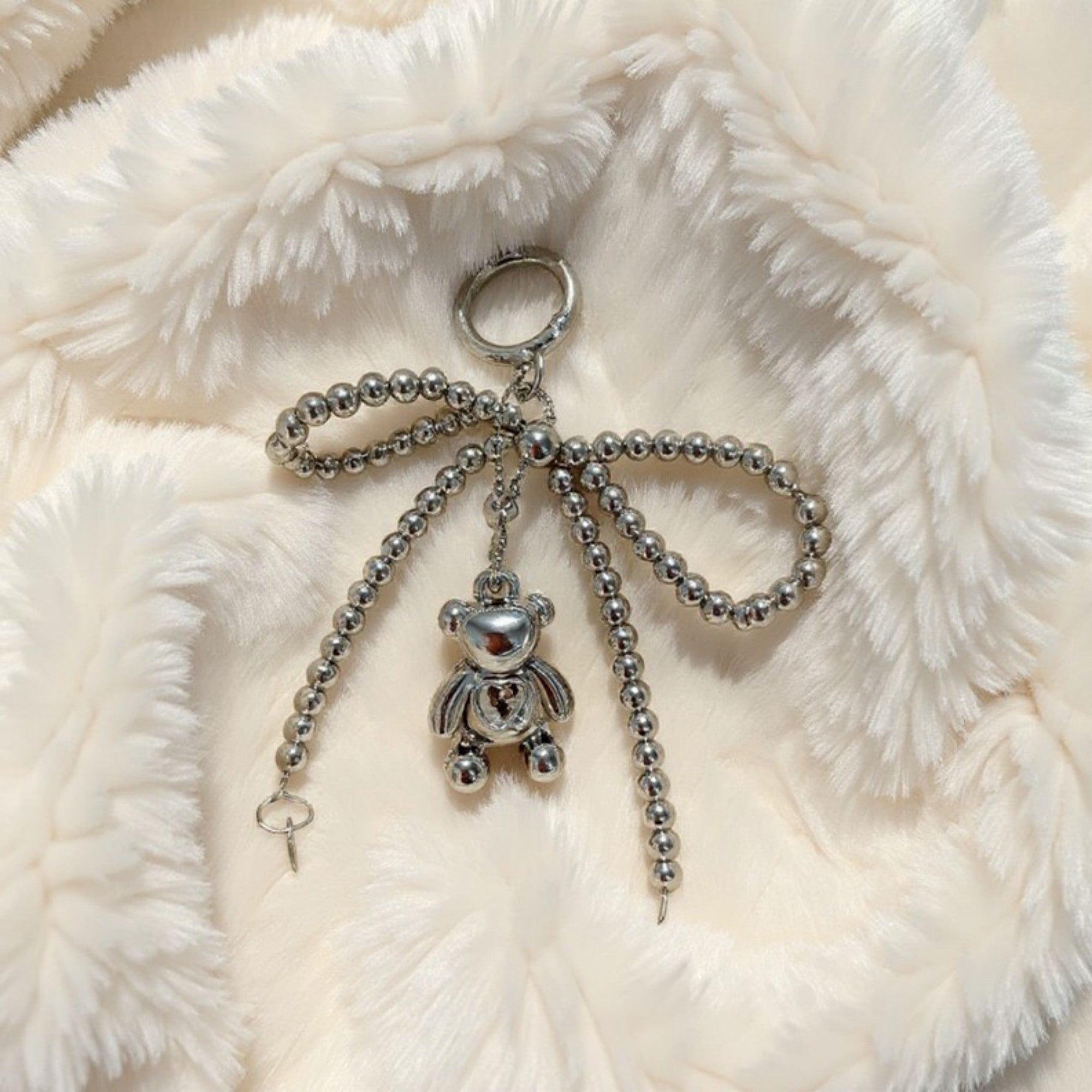 Anna-Kaci Metallic Beaded Bow Keychain with Crystal Bear Charm and Ring Accent