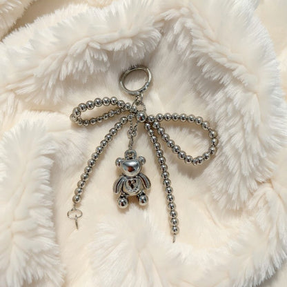 Anna-Kaci Metallic Beaded Bow Keychain with Crystal Bear Charm and Ring Accent