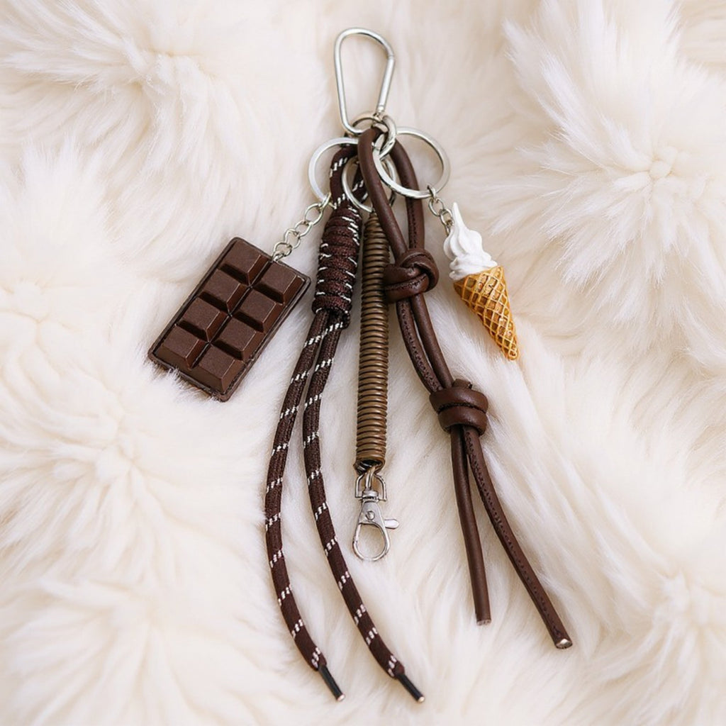 Anna-Kaci Chocolate and Ice Cream Charm Keychain with Faux Leather Straps and Metal Details