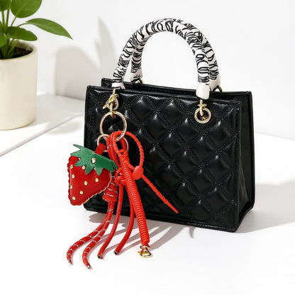Anna-Kaci Strawberry Charm Keychain with Faux Leather Straps and Gold-Tone Details