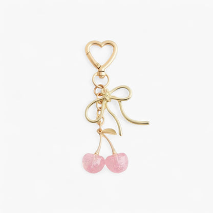 Anna-Kaci Gold Bow Keychain with Pink Cherry Charms and Heart Clasp