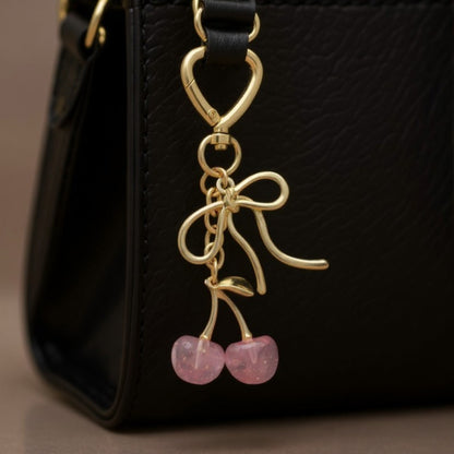 Anna-Kaci Gold Bow Keychain with Pink Cherry Charms and Heart Clasp