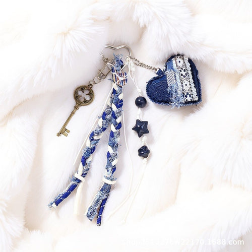 Anna-Kaci Denim Heart Charm Keychain with Braided Straps and Vintage Key Accent