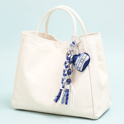 Anna-Kaci Denim Heart Charm Keychain with Braided Straps and Vintage Key Accent