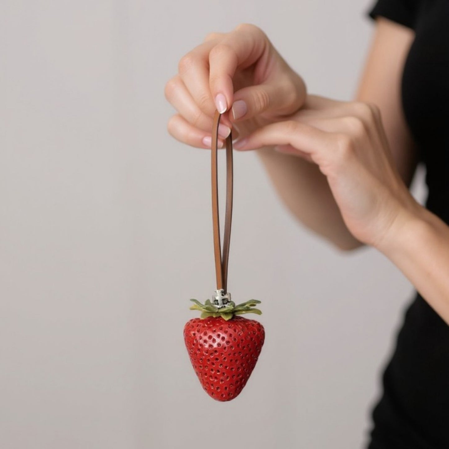 Anna-Kaci Realistic Strawberry Charm Keychain with Faux Leather Strap