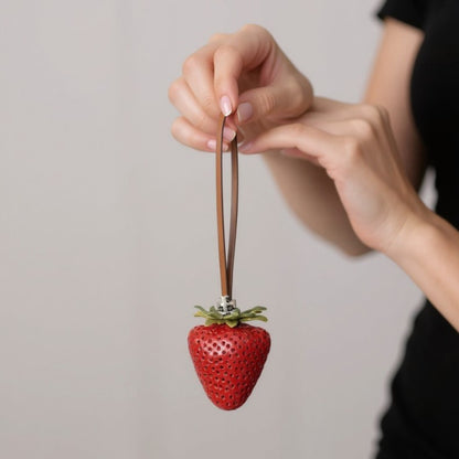 Anna-Kaci Realistic Strawberry Charm Keychain with Faux Leather Strap