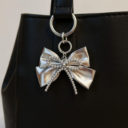 Anna-Kaci Metallic Bow Charm Keychain with Silver Beaded Detailing