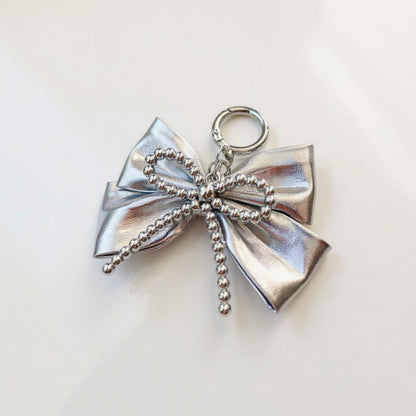 Anna-Kaci Metallic Bow Charm Keychain with Silver Beaded Detailing