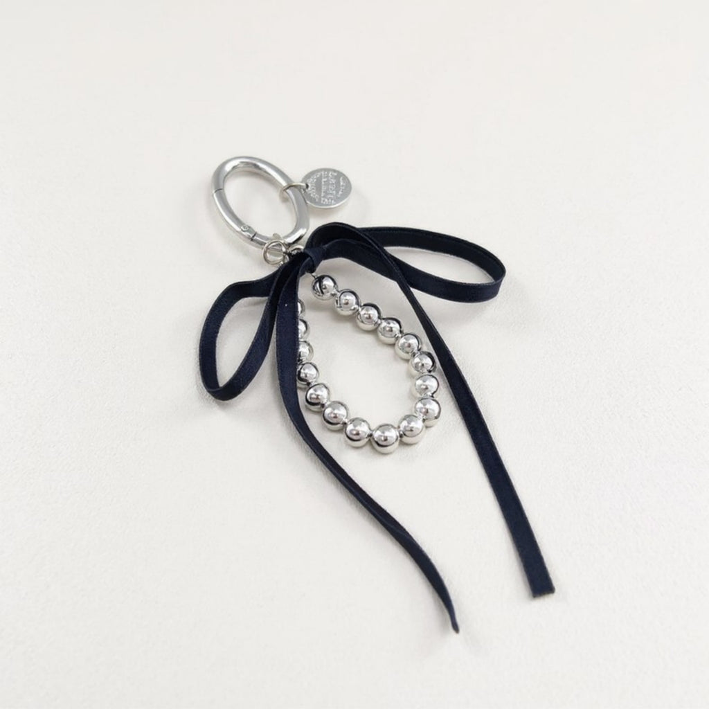 Anna-Kaci Silver Bead Charm Keychain with Velvet Ribbon Bow