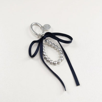 Anna-Kaci Silver Bead Charm Keychain with Velvet Ribbon Bow