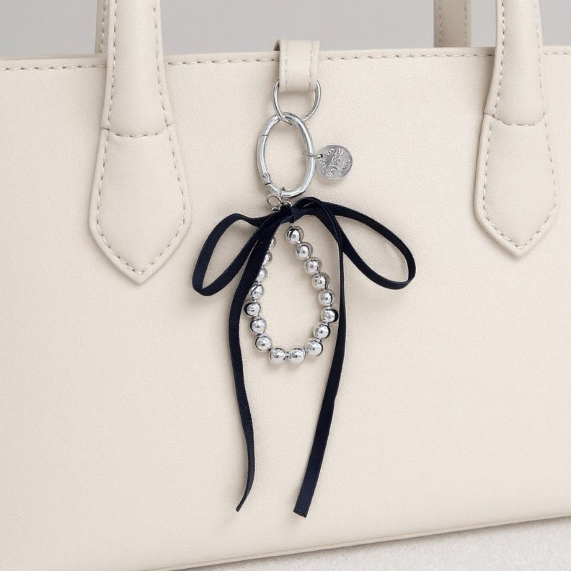 Anna-Kaci Silver Bead Charm Keychain with Velvet Ribbon Bow