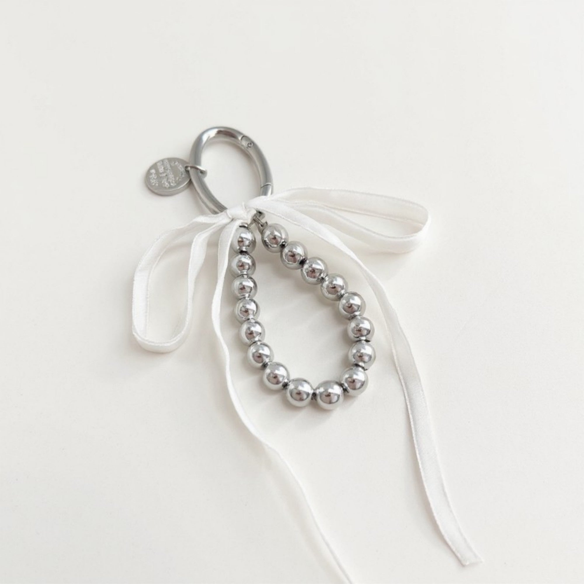 Anna-Kaci Silver Bead Charm Keychain with Velvet Ribbon Bow