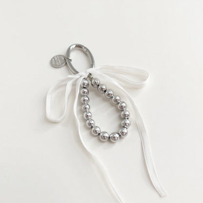 Anna-Kaci Silver Bead Charm Keychain with Velvet Ribbon Bow