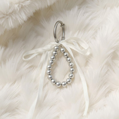 Anna-Kaci Silver Bead Charm Keychain with Velvet Ribbon Bow