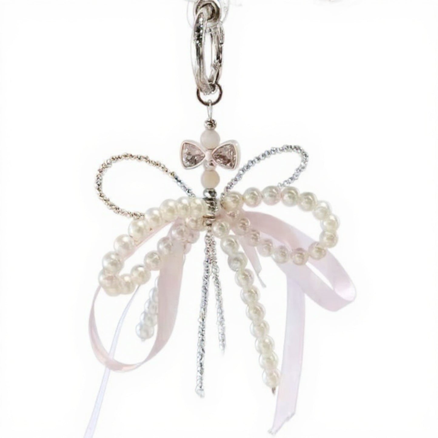 Anna-Kaci Pearl and Ribbon Bow Angel Keychain Charm with Crystal Details