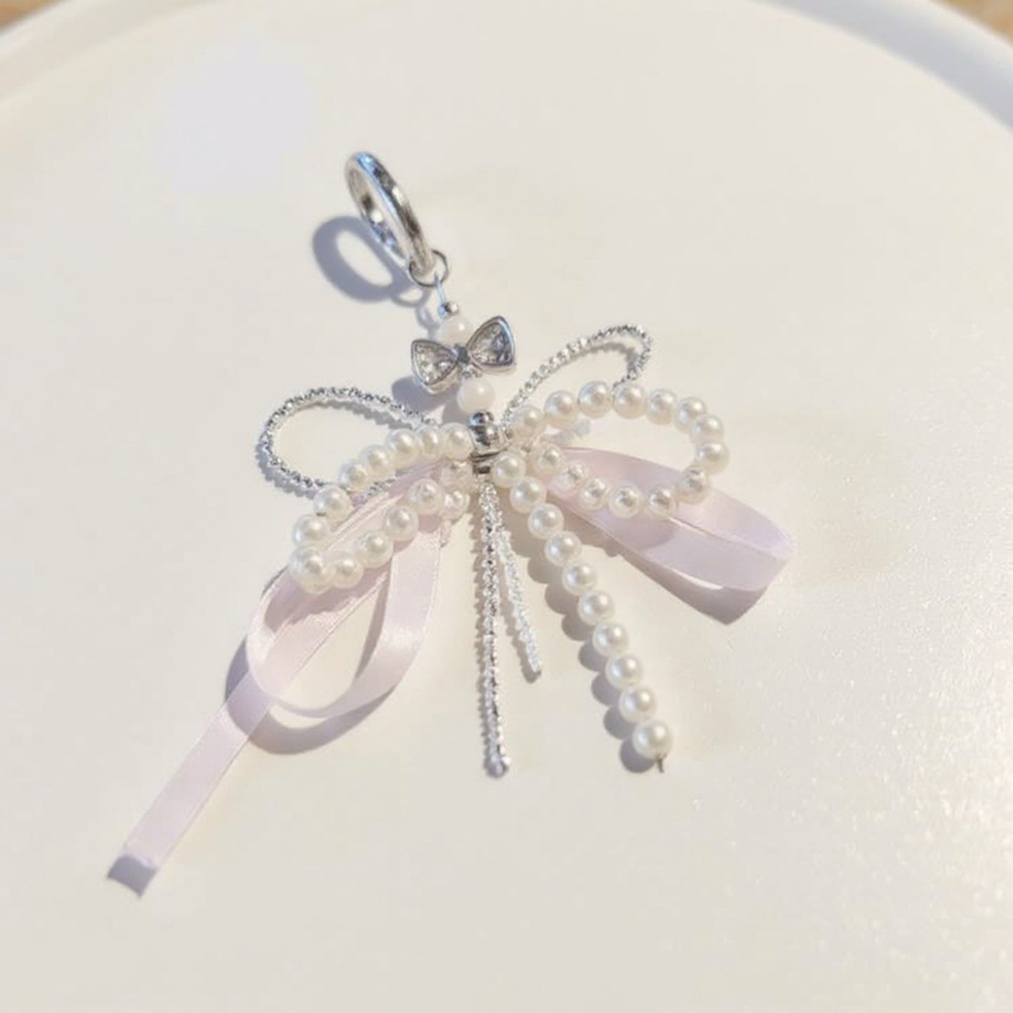 Anna-Kaci Pearl and Ribbon Bow Angel Keychain Charm with Crystal Details