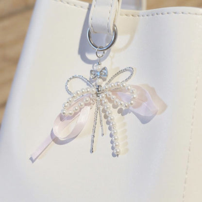 Anna-Kaci Pearl and Ribbon Bow Angel Keychain Charm with Crystal Details