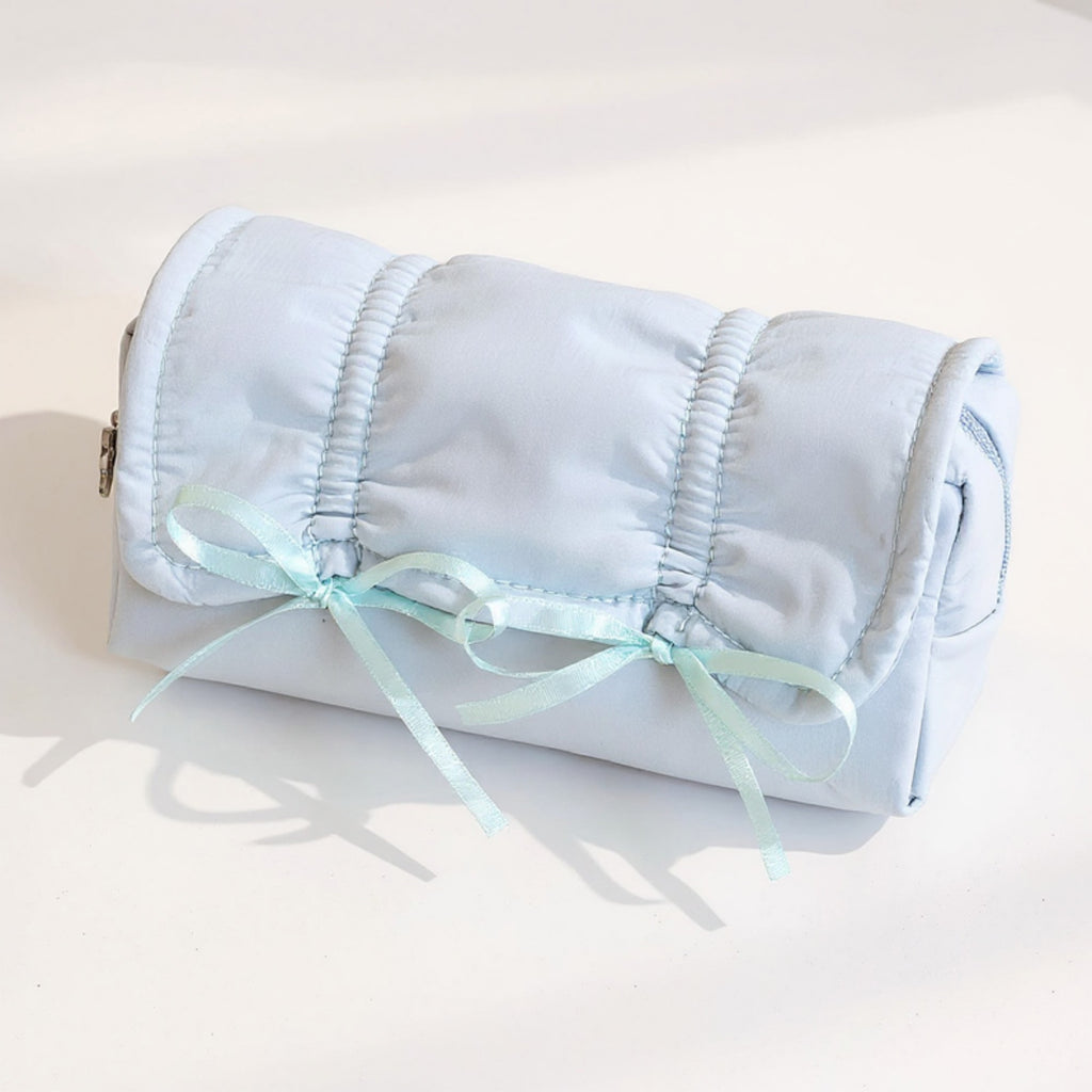 Anna-Kaci Quilted Satin Ribbon Pencil Case with Zipper Closure and Large Storage Capacity 7.9x4.3x2.7 in