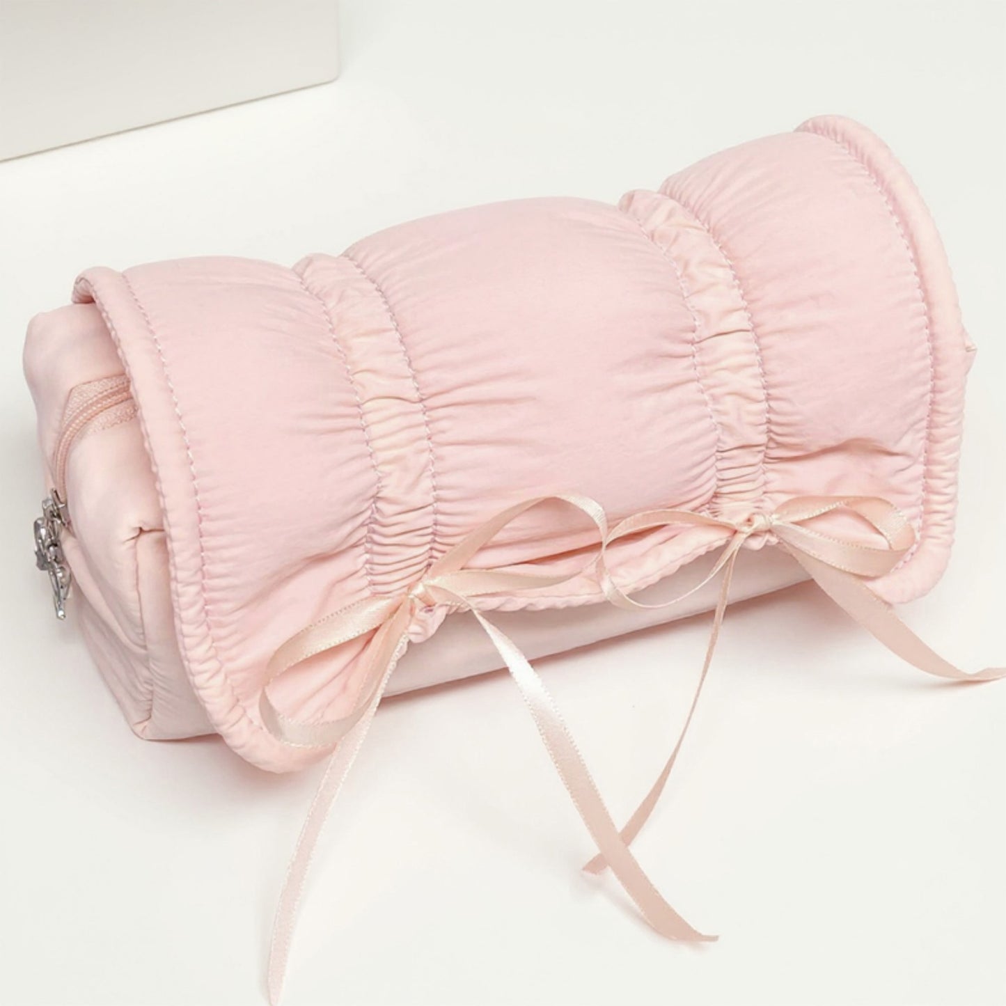 Anna-Kaci Quilted Satin Ribbon Pencil Case with Zipper Closure and Large Storage Capacity 7.9x4.3x2.7 in