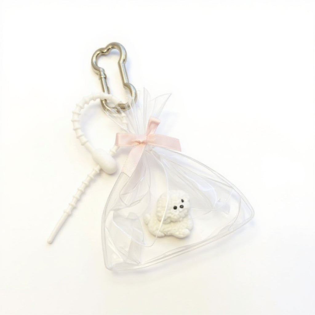 Anna-Kaci Clear Bow Bag Charm with White Puppy Figurine and Keychain Clip