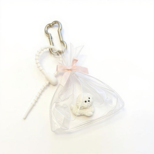 Anna-Kaci Clear Bow Bag Charm with White Puppy Figurine and Keychain Clip