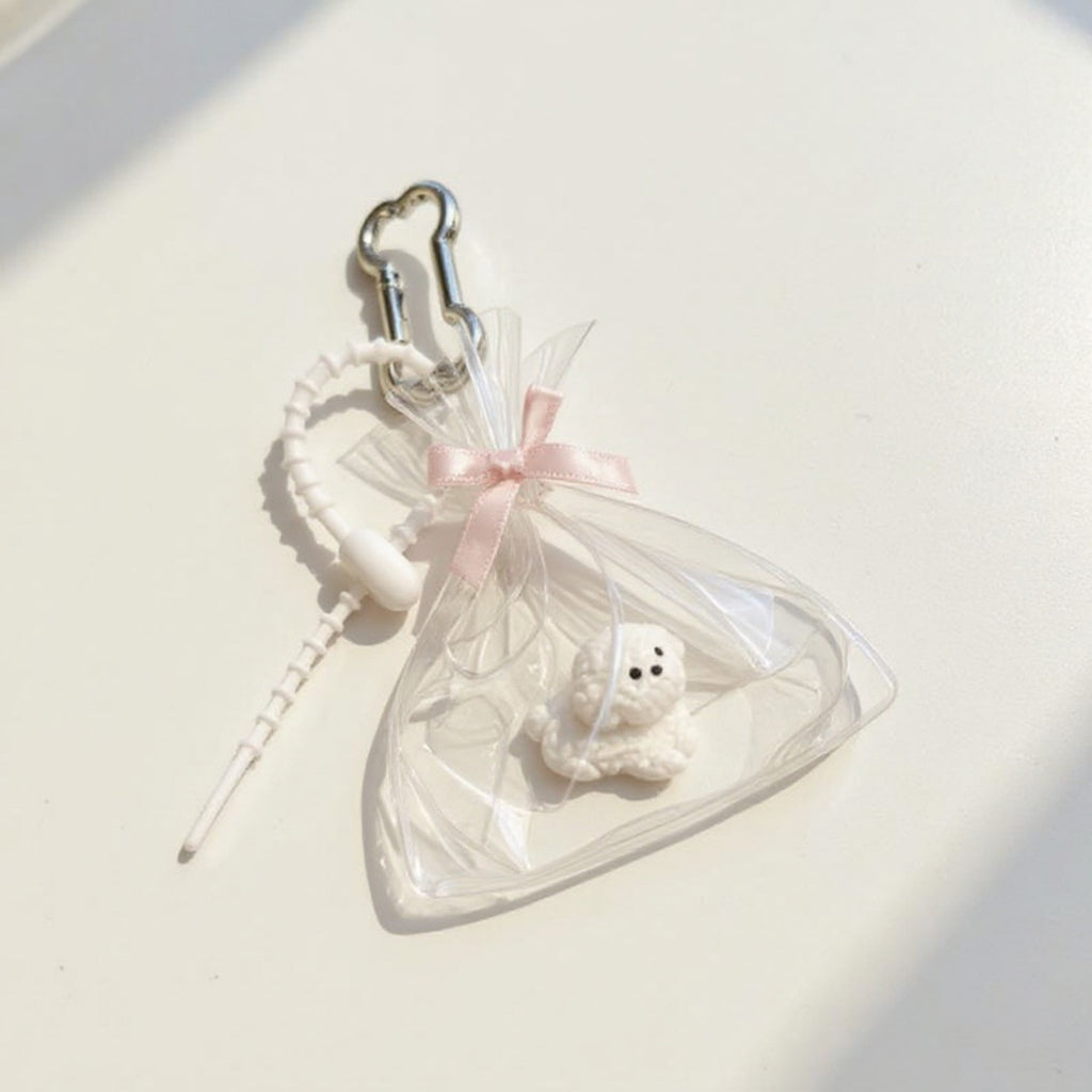 Anna-Kaci Clear Bow Bag Charm with White Puppy Figurine and Keychain Clip