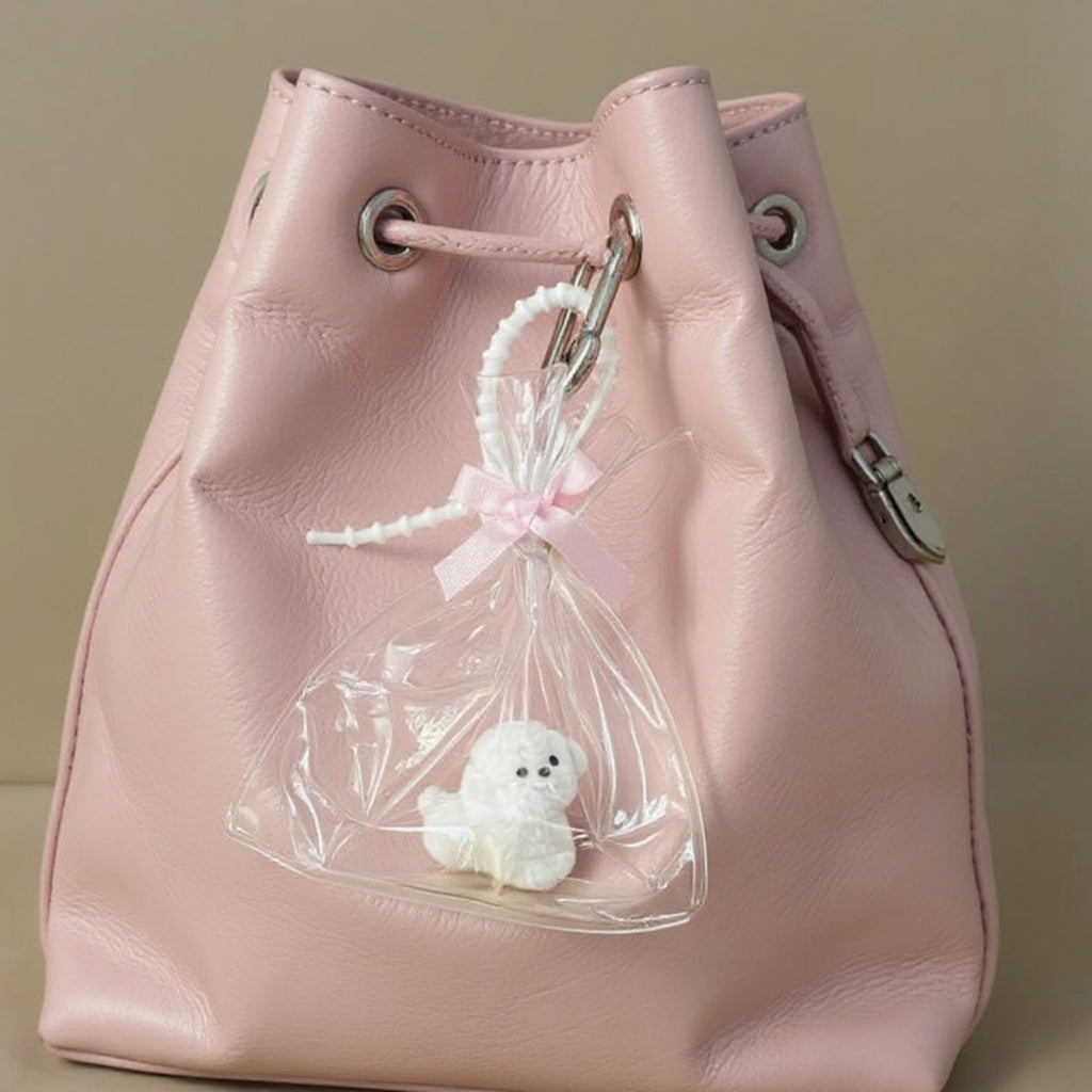 Anna-Kaci Clear Bow Bag Charm with White Puppy Figurine and Keychain Clip