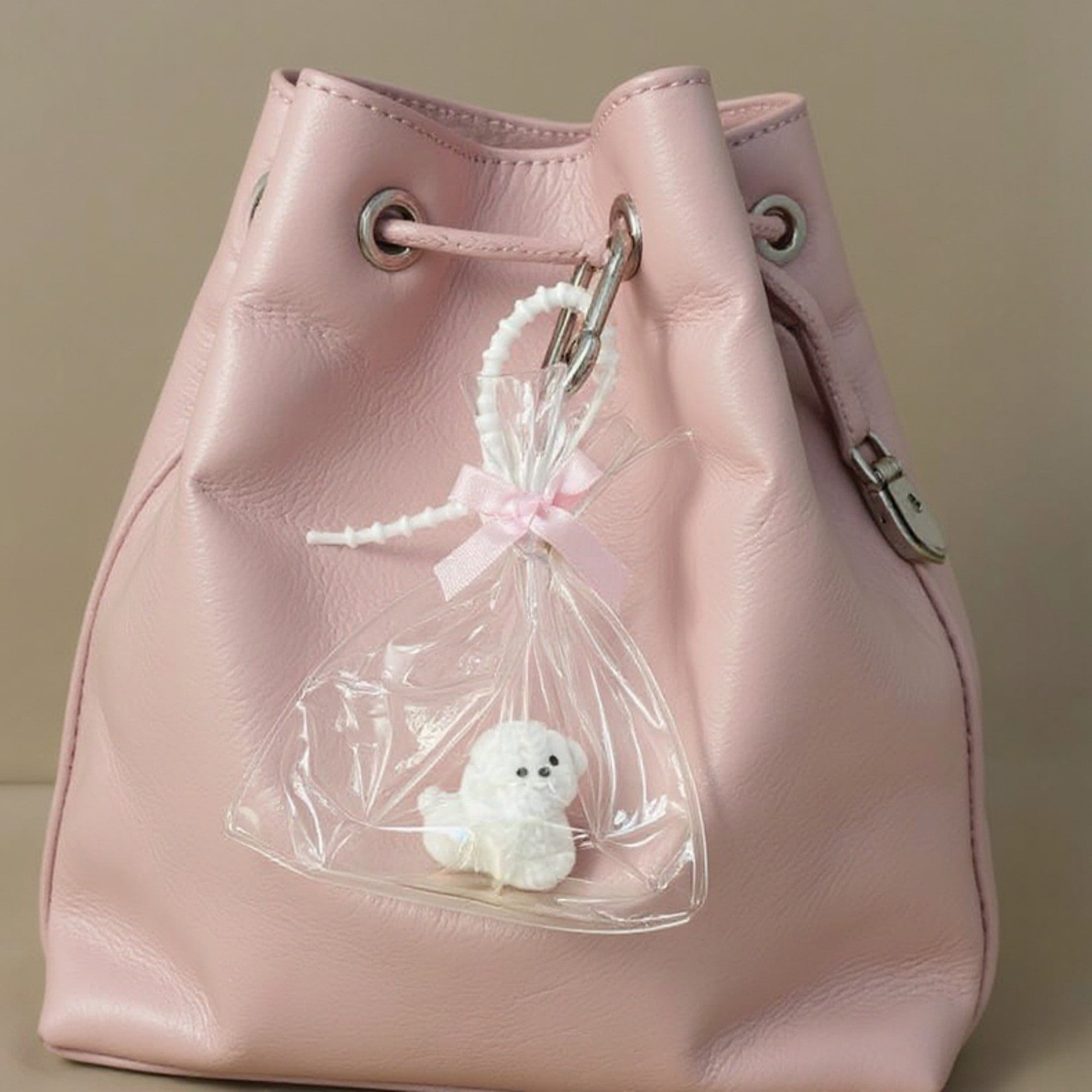 Anna-Kaci Clear Bow Bag Charm with White Puppy Figurine and Keychain Clip