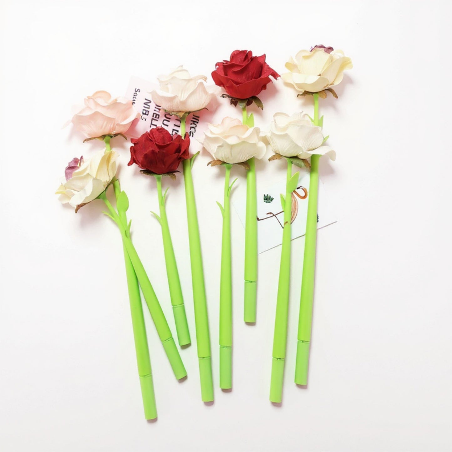 Anna-Kaci Set of 6 Artificial Rose Flower Pens with Realistic Petals and Green Stems