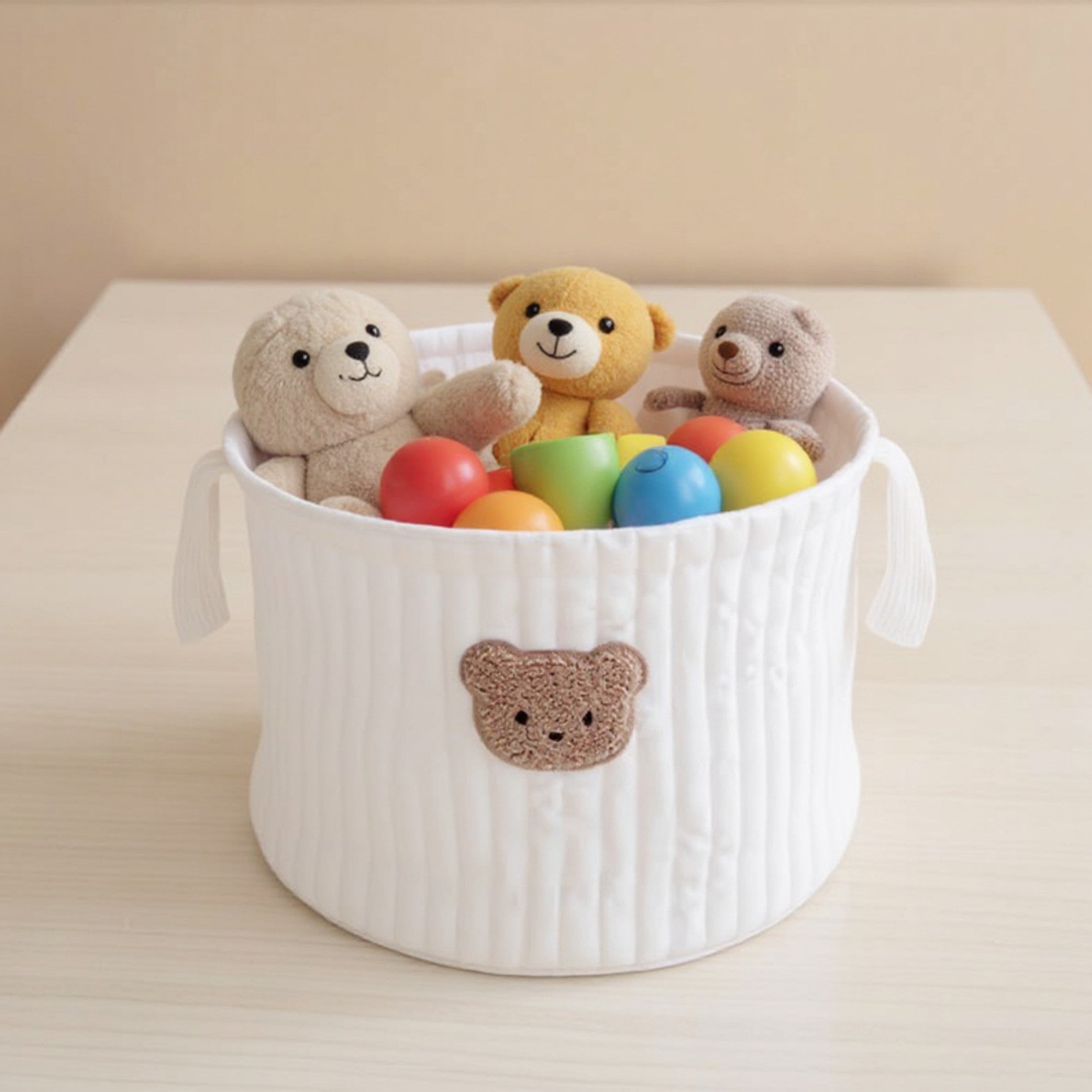 Anna-Kaci Soft Fabric Storage Basket with Embroidered Teddy Bear Design and Side Handles
