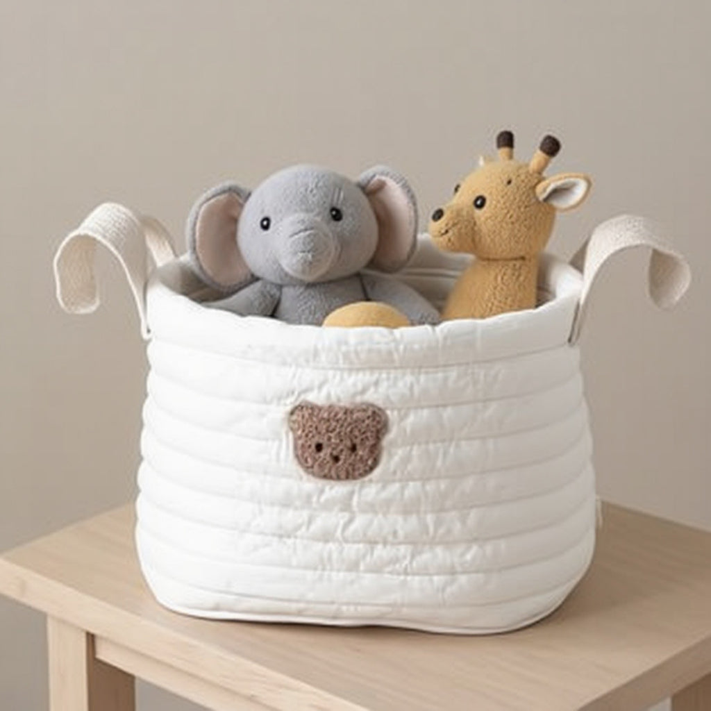 Anna-Kaci Soft Fabric Storage Basket with Embroidered Teddy Bear Design and Side Handles