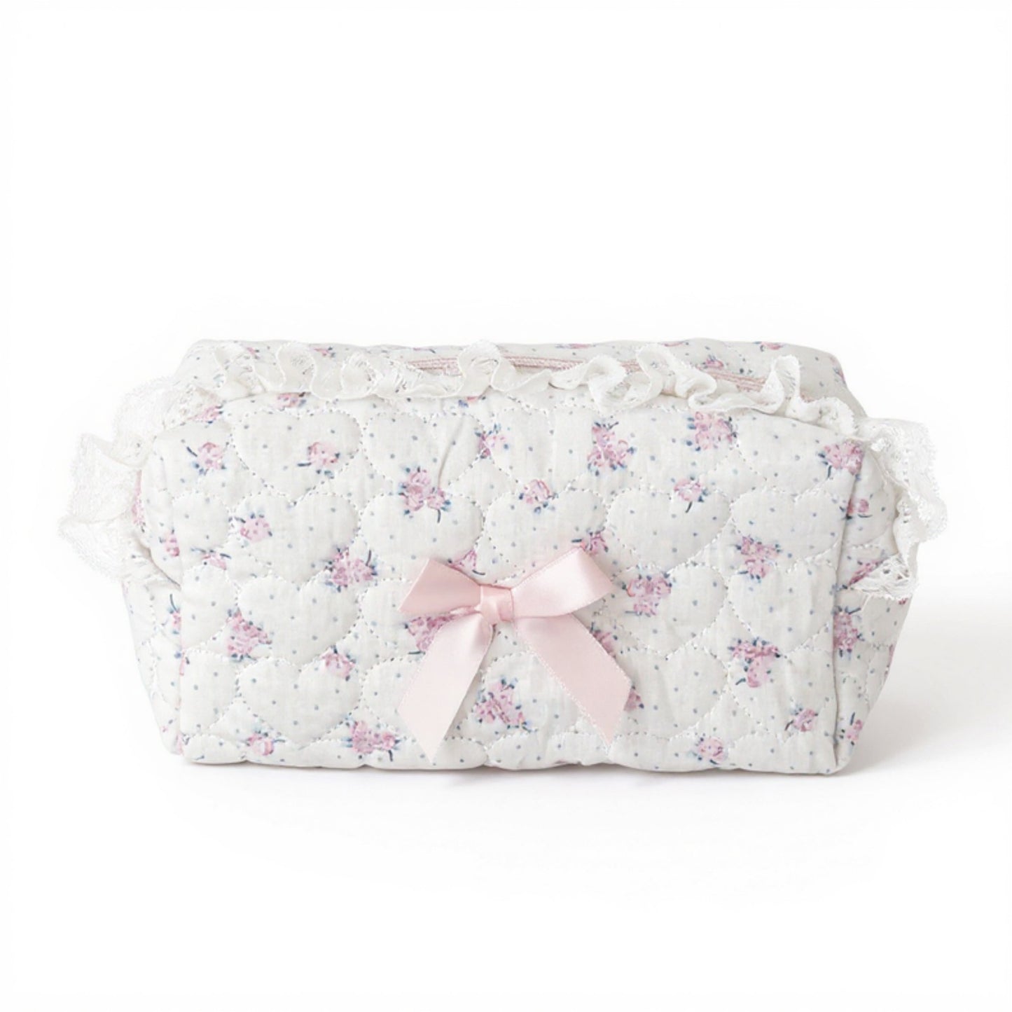 Anna-Kaci Quilted Floral Lace Makeup Bag with Bow Accent and Gingham Lining 7.3x4x3 in