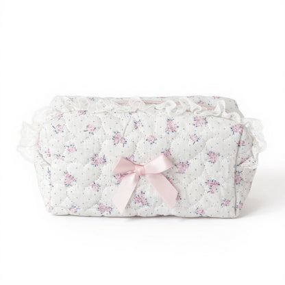 Anna-Kaci Quilted Floral Lace Makeup Bag with Bow Accent and Gingham Lining 7.3x4x3 in