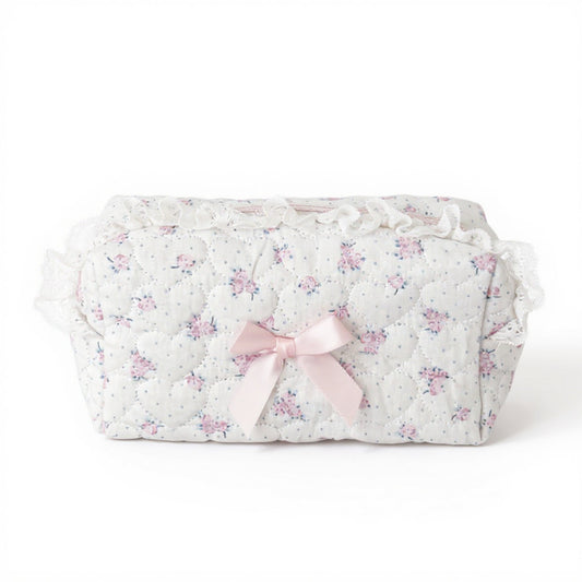 Anna-Kaci Quilted Floral Lace Makeup Bag with Bow Accent and Gingham Lining 7.3x4x3 in